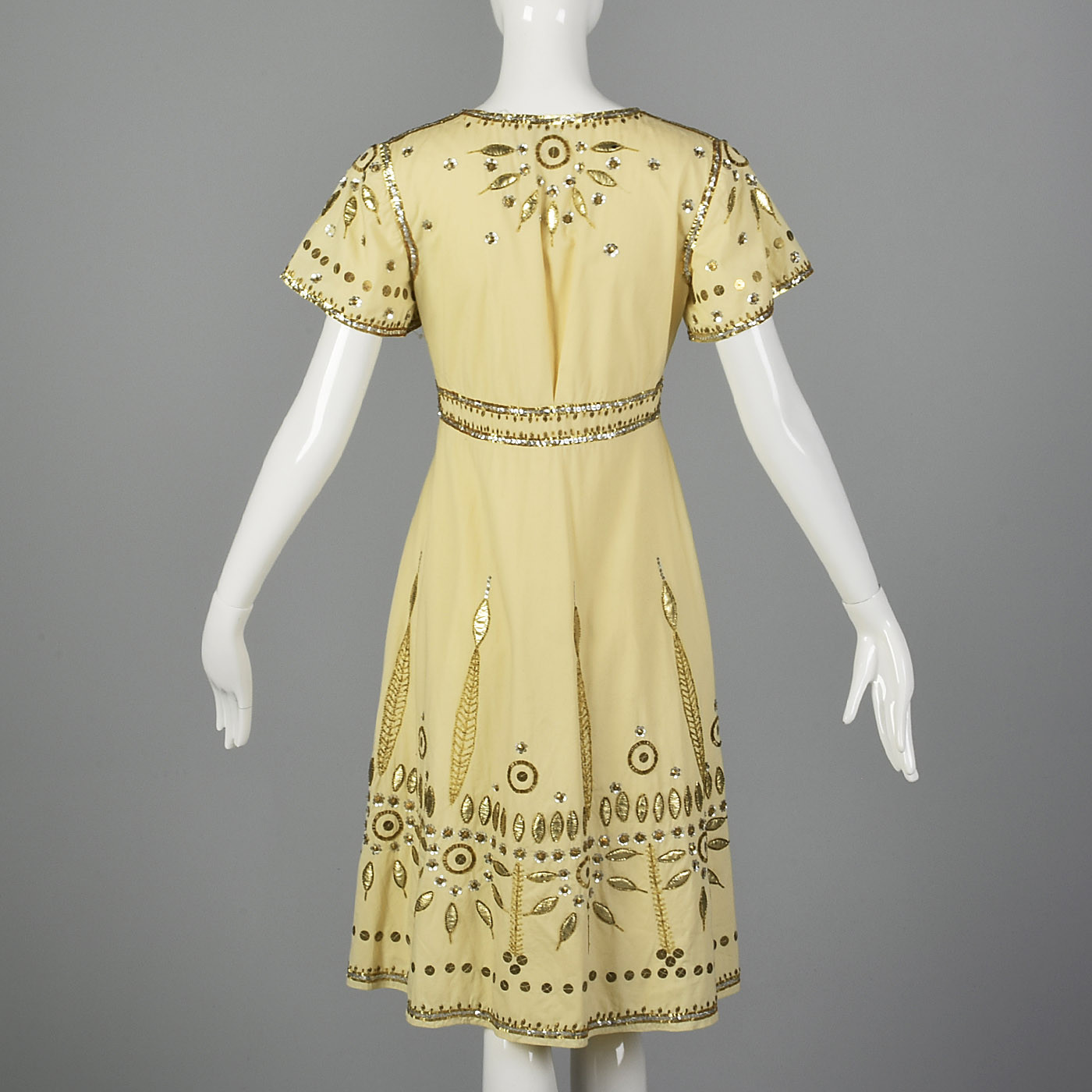 XXS Temperley Cream Dress Gold Silver Sequins Beading Leaf Applique Short Sleeve