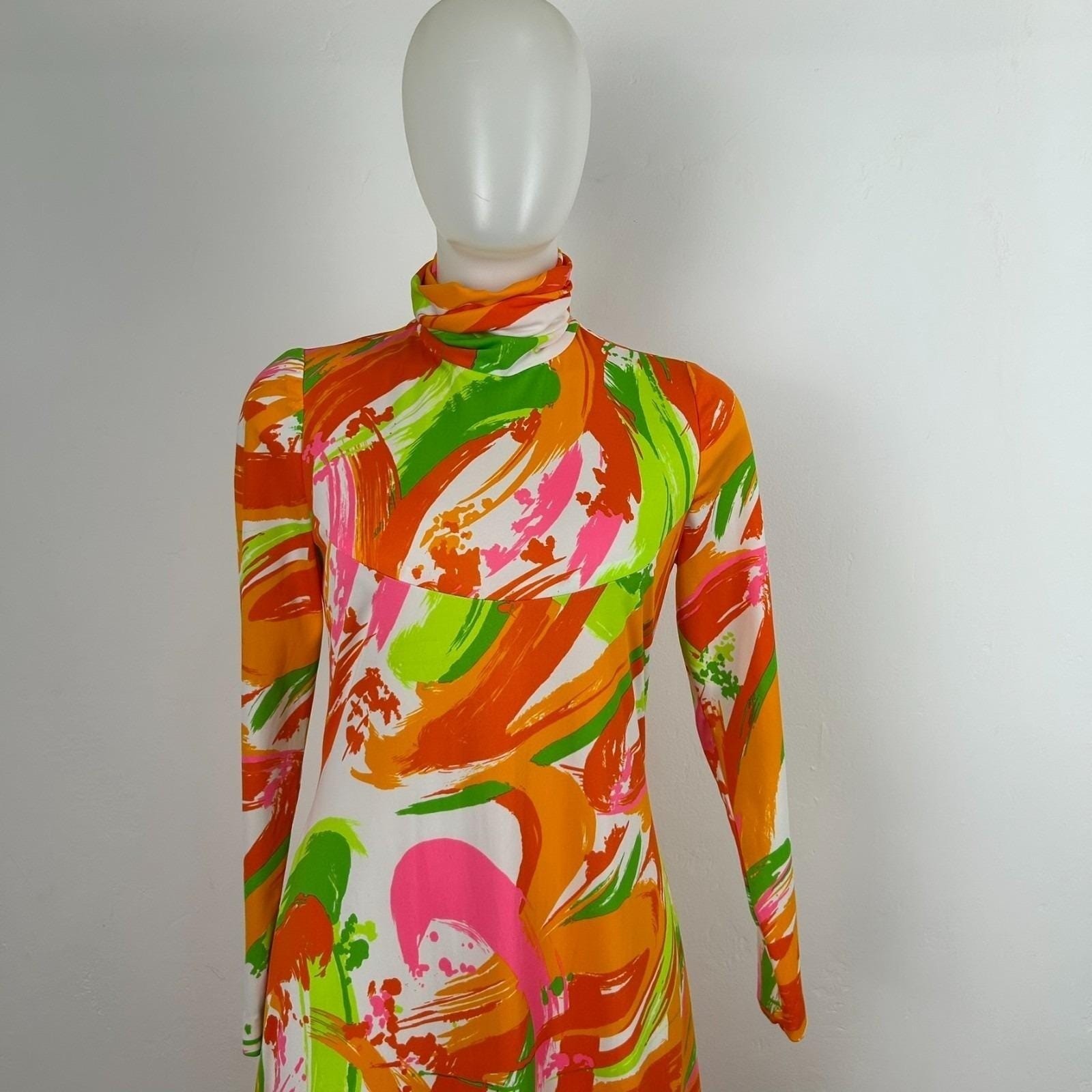 Vintage 70s Psychedelic Maxi Dress Multicolor Abstract Mock Neck Retro Mod