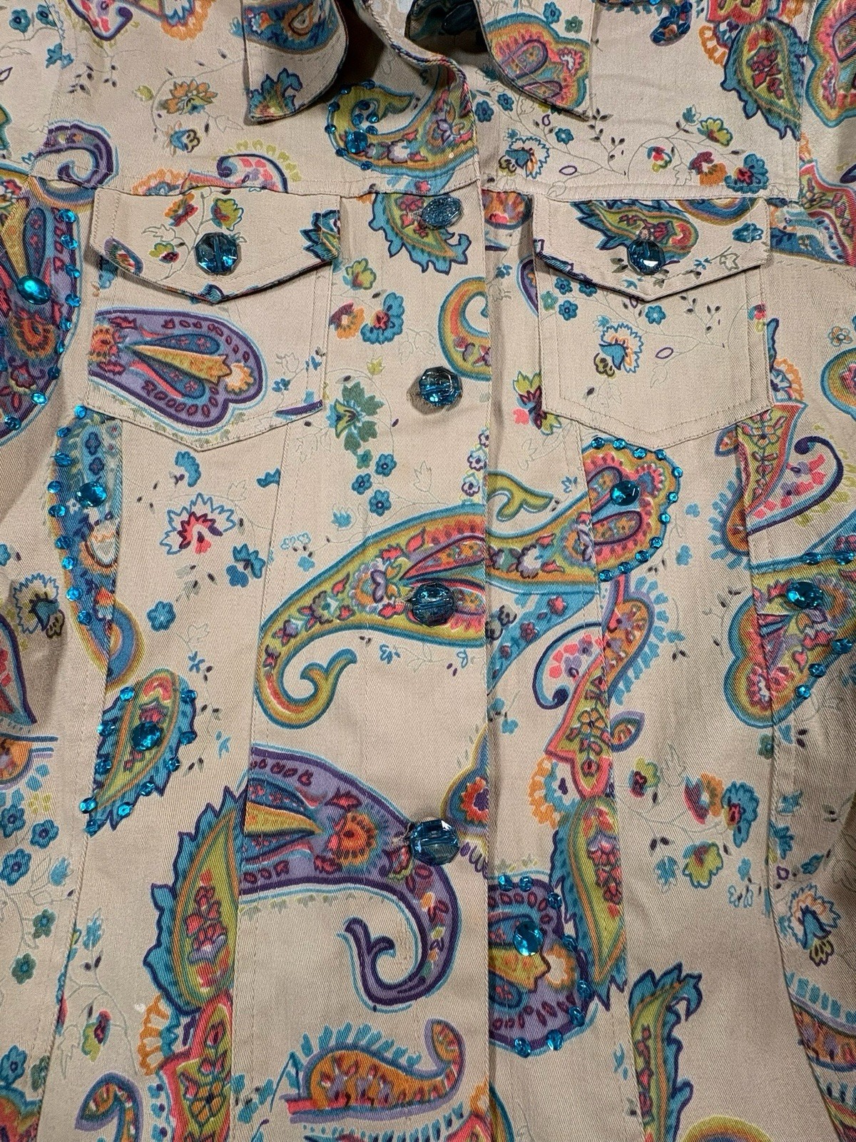 VTG 90s Paisley Sequin Gems Stretchy Fitted Cotton Layering Blazer Jacket S(A30)