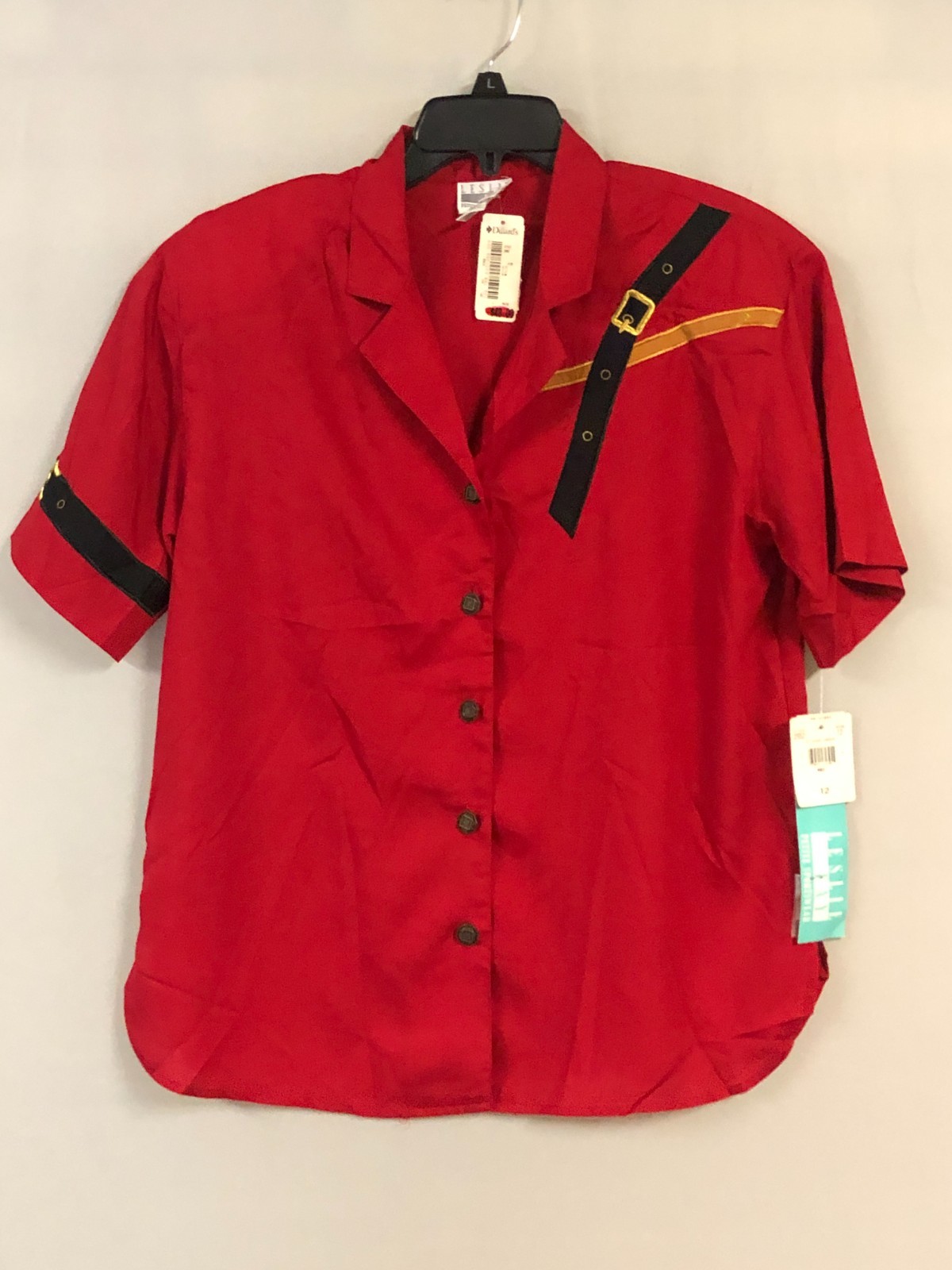 Vtg 80s Leslie Fay Blouse Size 12 „Captain of the Guard’ Button Down Top Red