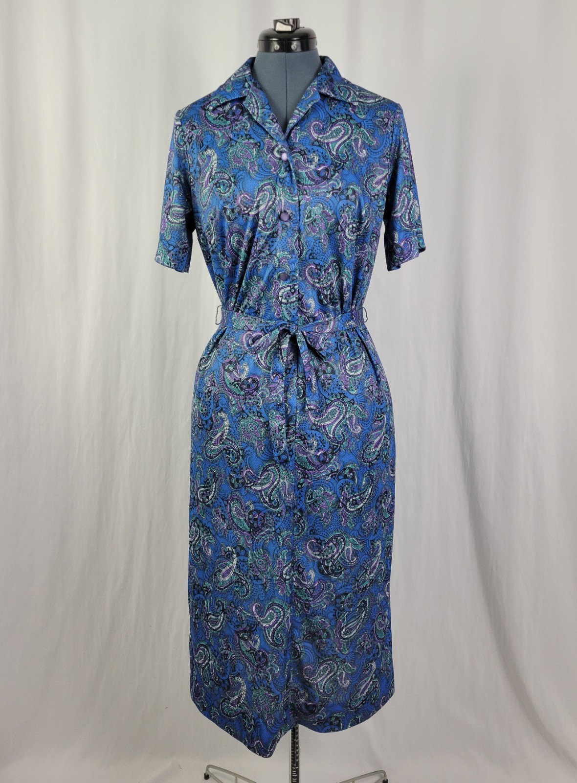 Vintage Ina Carol Blue & Purple Paisley S/S Dress w Matching Tie Belt Size 14