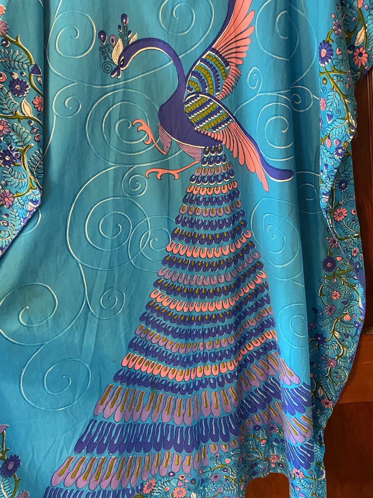 VTG Neiman Marcus Blue Peacock Floral Maxi Kaftan Mumu Dress Size M/L