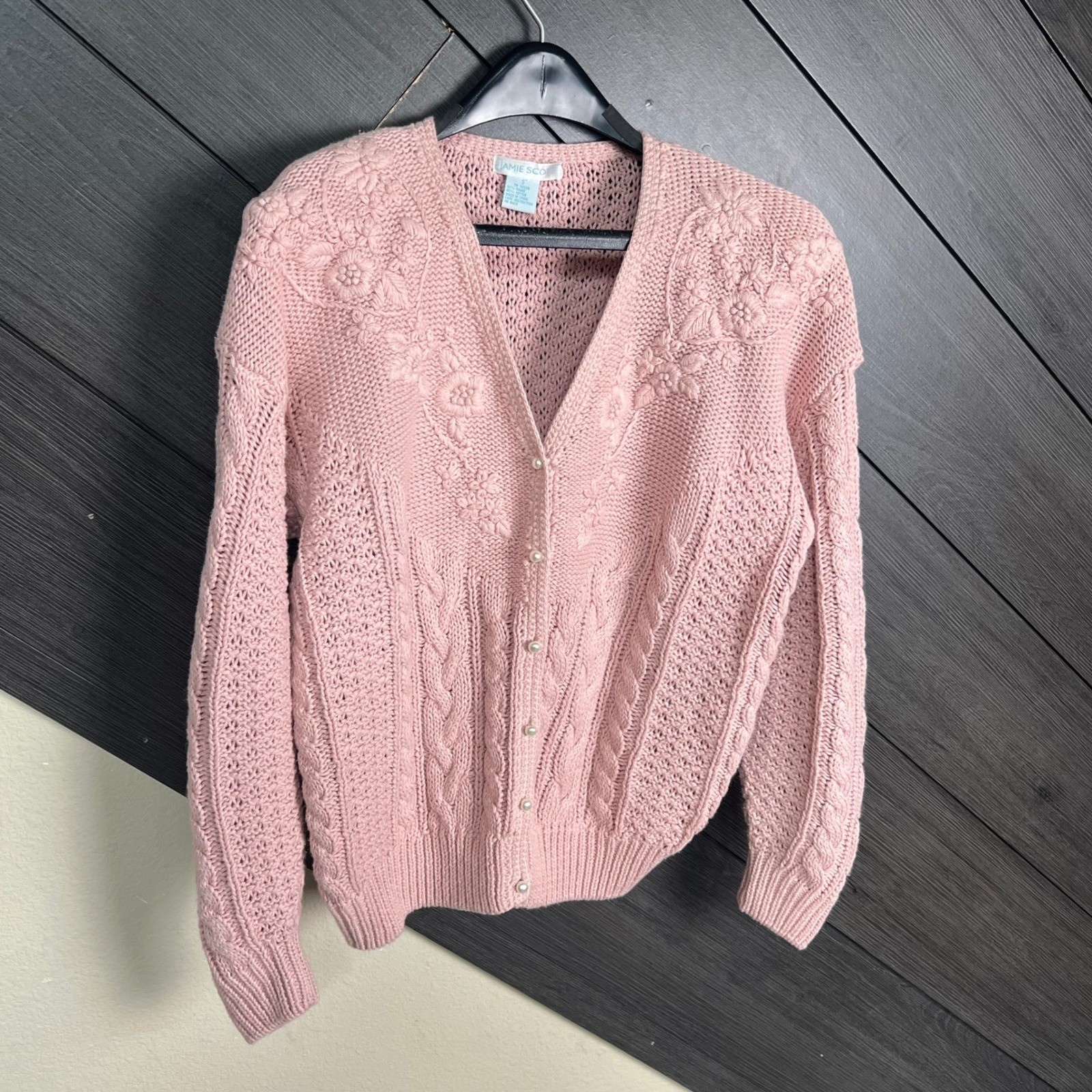 Jamie Scott Women’s Floral Embroidered Cable Knit Cardigan Sweater Pink S VTG