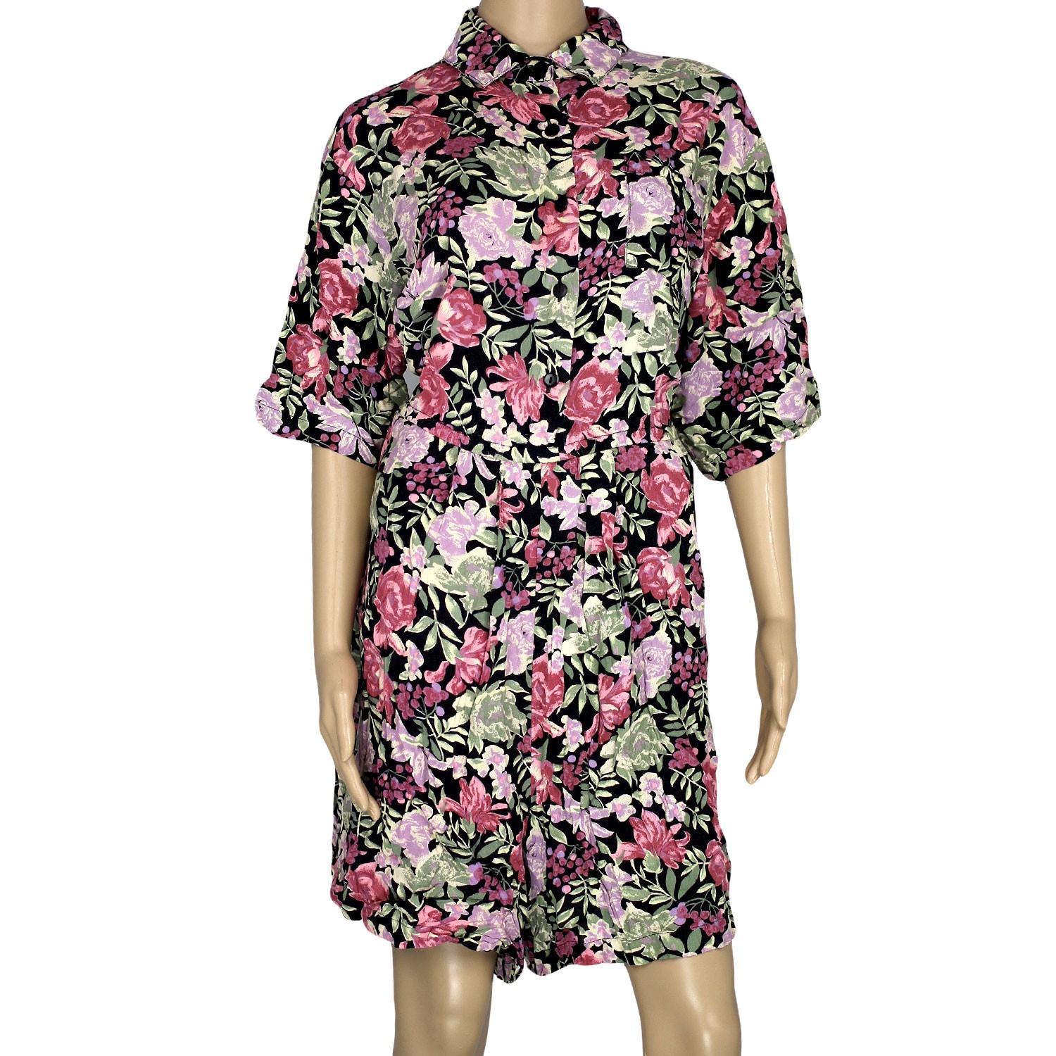 1990s Vintage Rayon Short Sleeve Shirt Romper Playsuit Pink Purple Floral 14/16