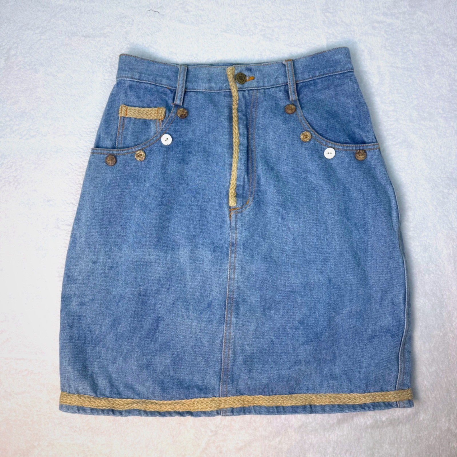 Vintage Y2K Bonjour Denim Mini Skirt Light Wash Rope Trim Button Sz 16 27W