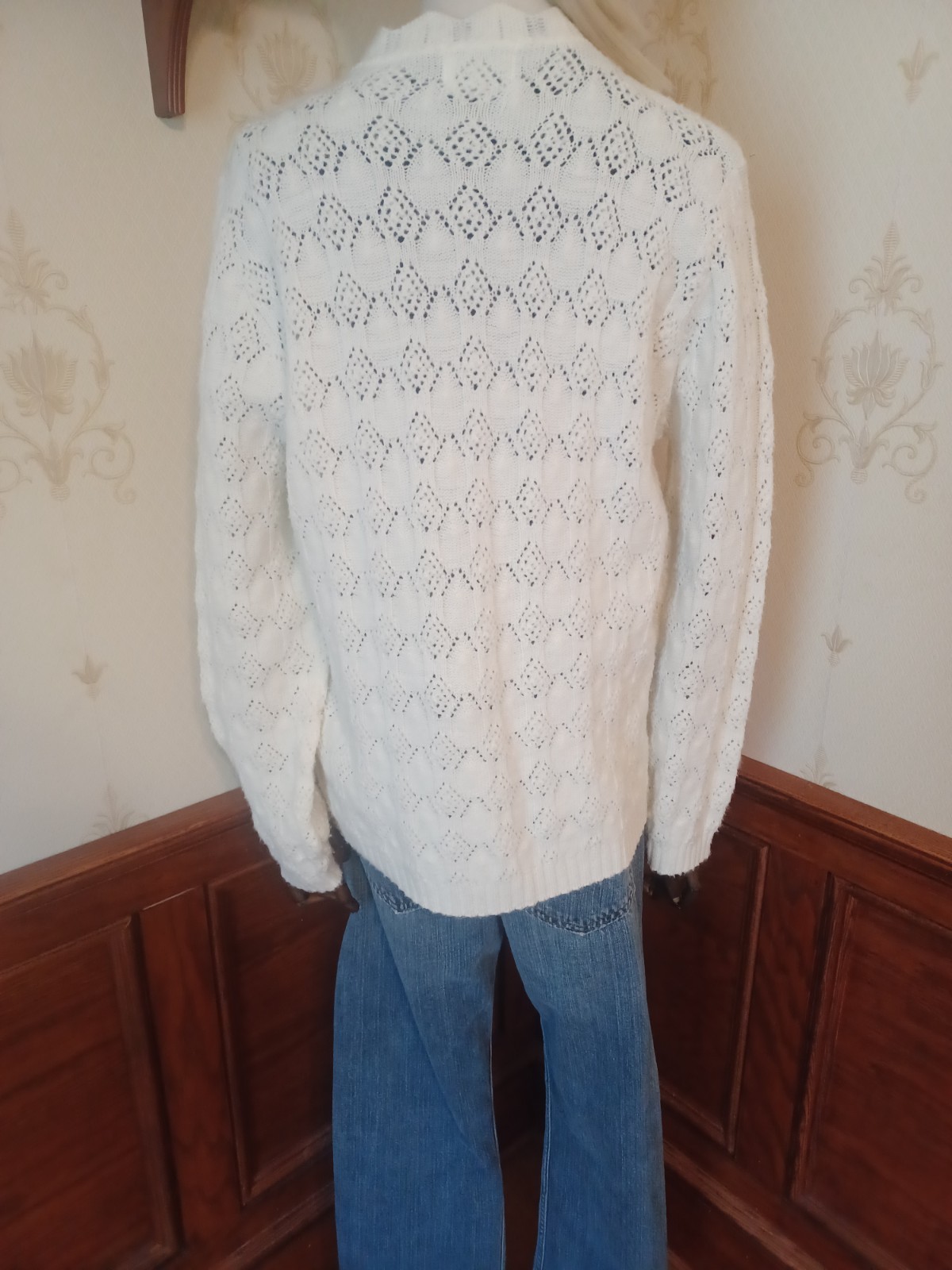 Vintage 1960s/1970s Kenneth Too Ivory-Colored Open Knit Sweater Girl Cardigan