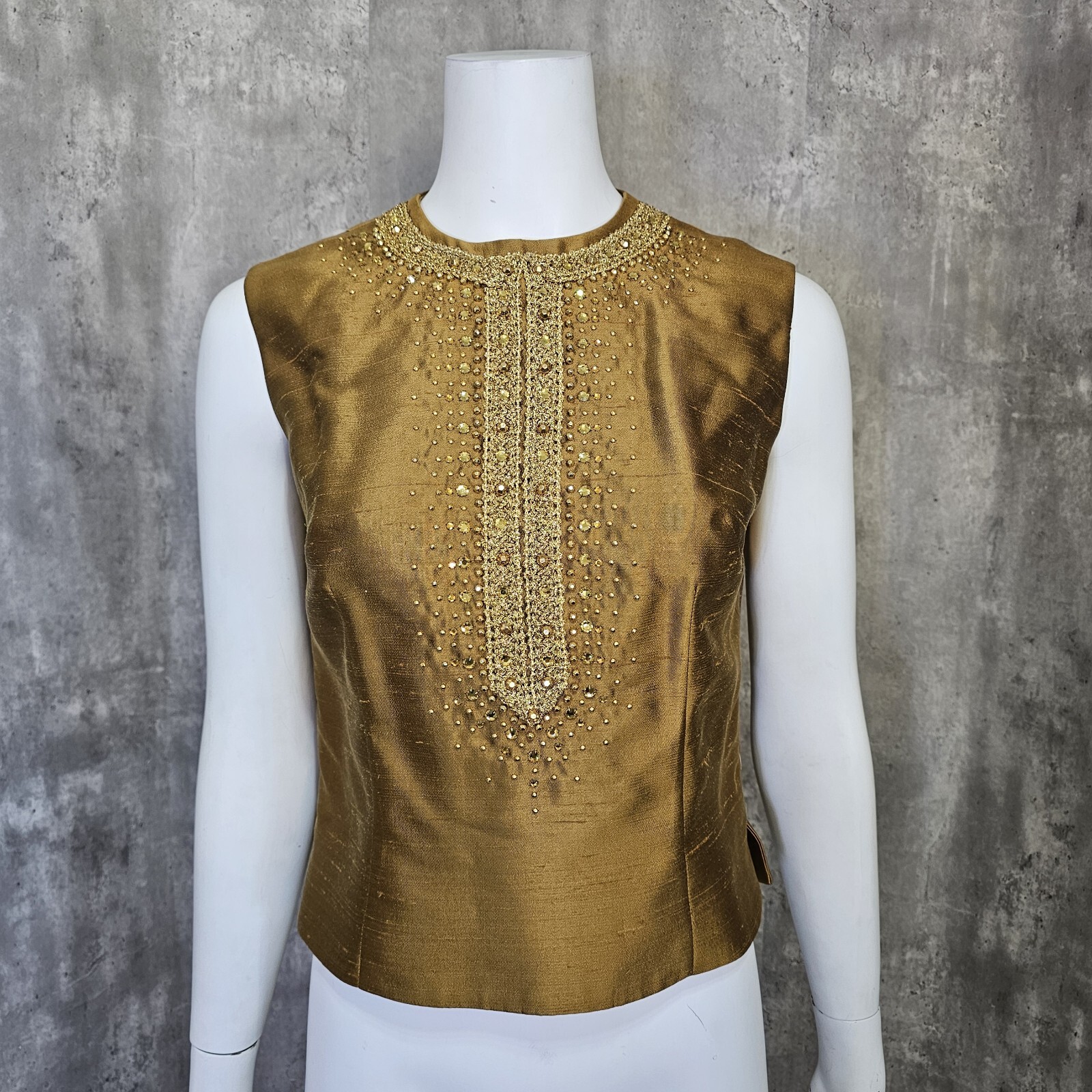 Vintage 60s Golden Slub Knit Acetate Formal Evening Tank Top Blouse Zip Back