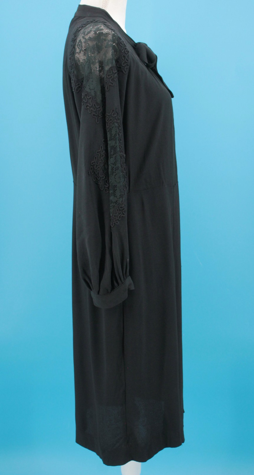 VTG Women’s 30s Black Drop Waist Dress W/ Lace Insert Sleeves Sz M/L 1930s
