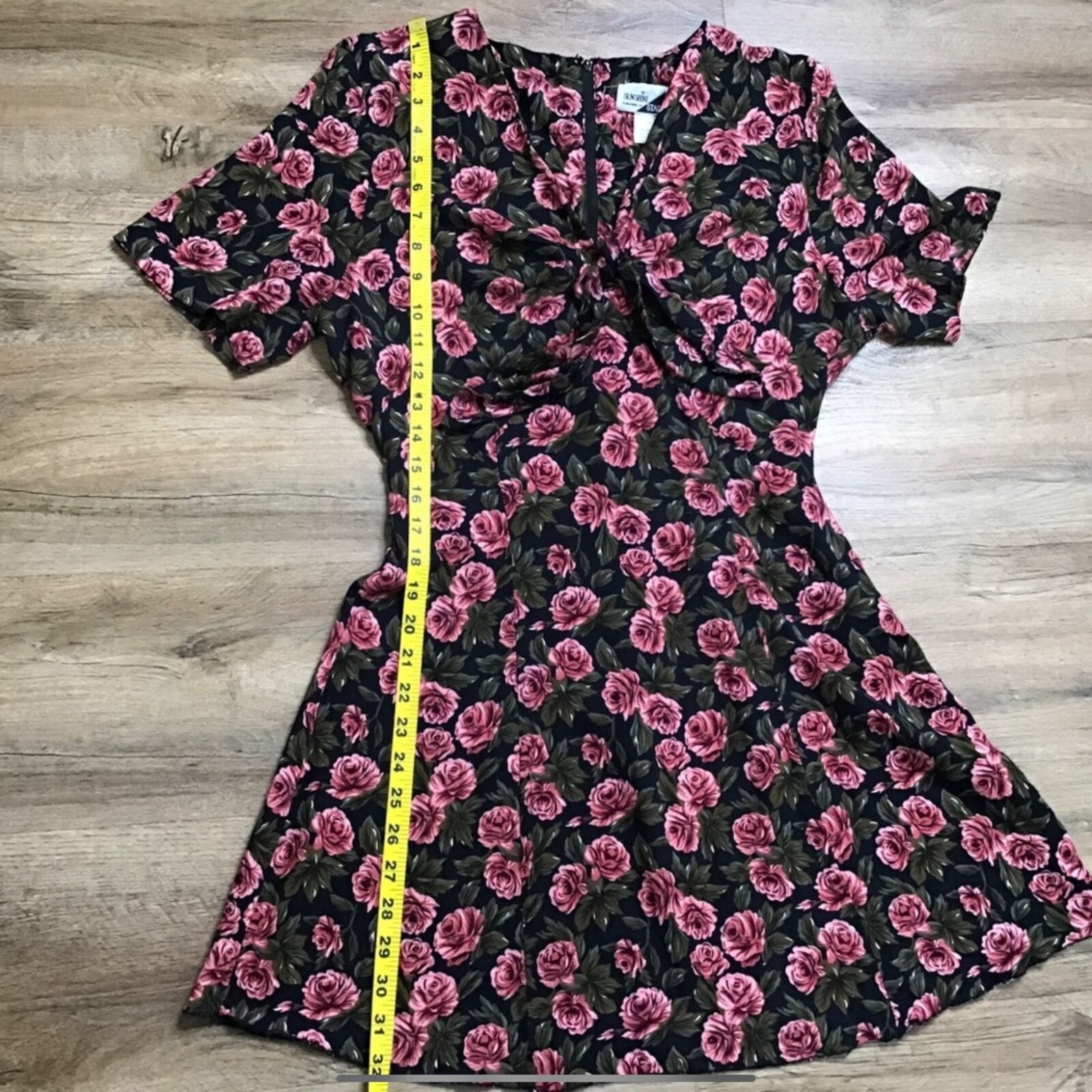 Vintage Y2K Floral Dress Size 12 Mini Rose Tie Front Black Pink Green 1990s