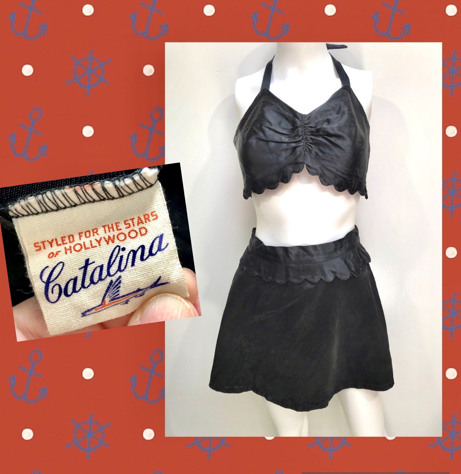 VTG 1930s 40s Blck SATIN CATALINA „Hollywood Stars” PIN UP SWIMSUIT Bathing Suit