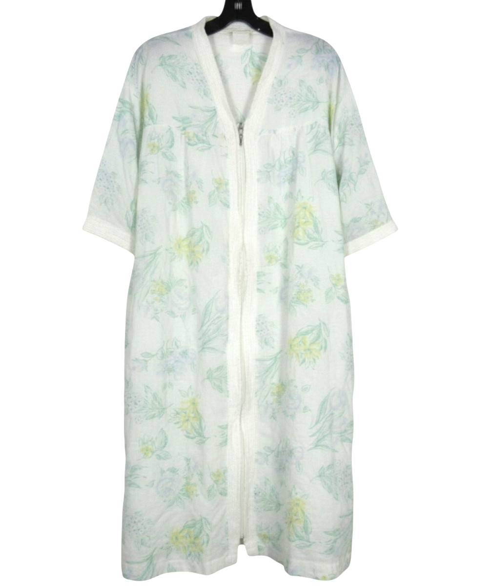 VTG STAN HERMAN Full Zip SEERSUCKER Floral ROBE LOUNGE ROBE KAFTAN DRESS Sz M