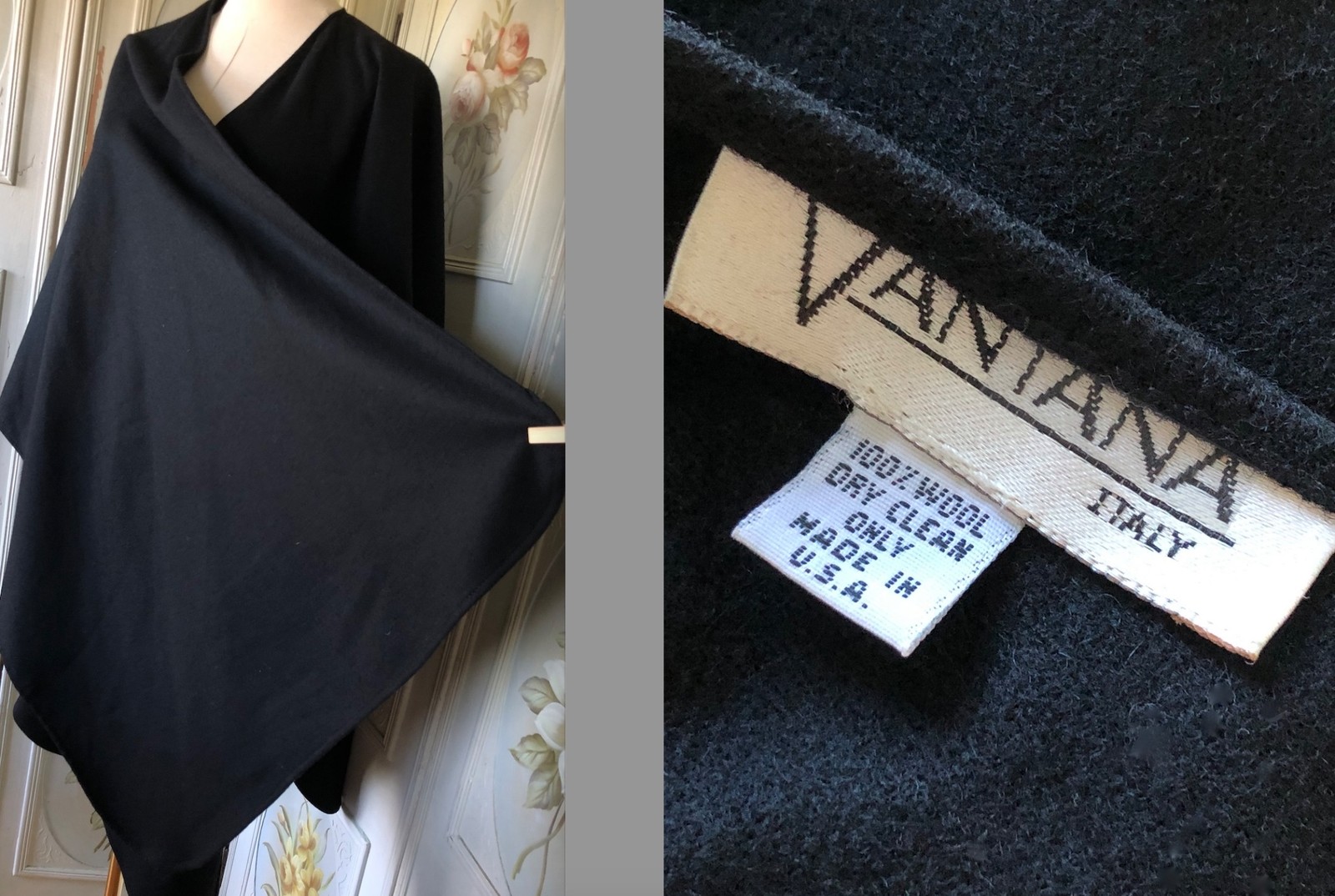 VTG VANTANA USA-MADE ALL WOOL GABARDINE BLACK PONCHO CAPE EUC CLEAN NICE