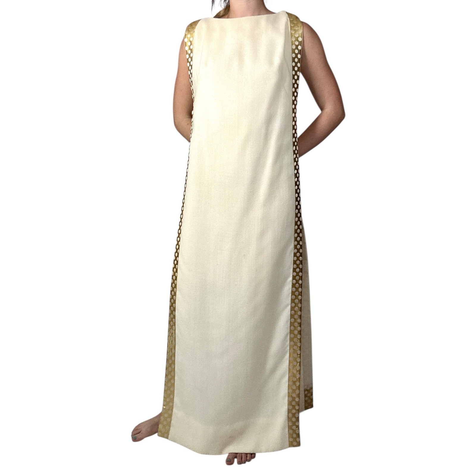 Vintage 1960s White Wool Jumpsuit Peer Label Metallic Gold Polka Dot Cape Mod
