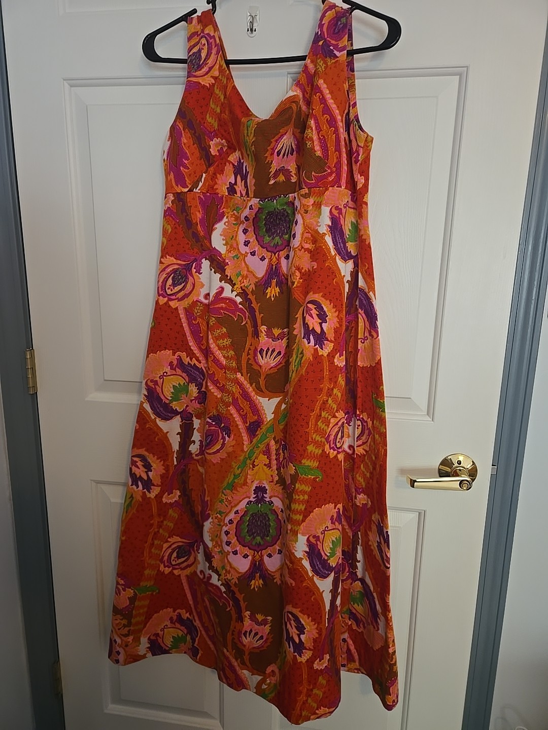 VTG 70s Tori Richard Honolulu Barkcloth Flower Orange Hawaiian Resort Maxi Boho