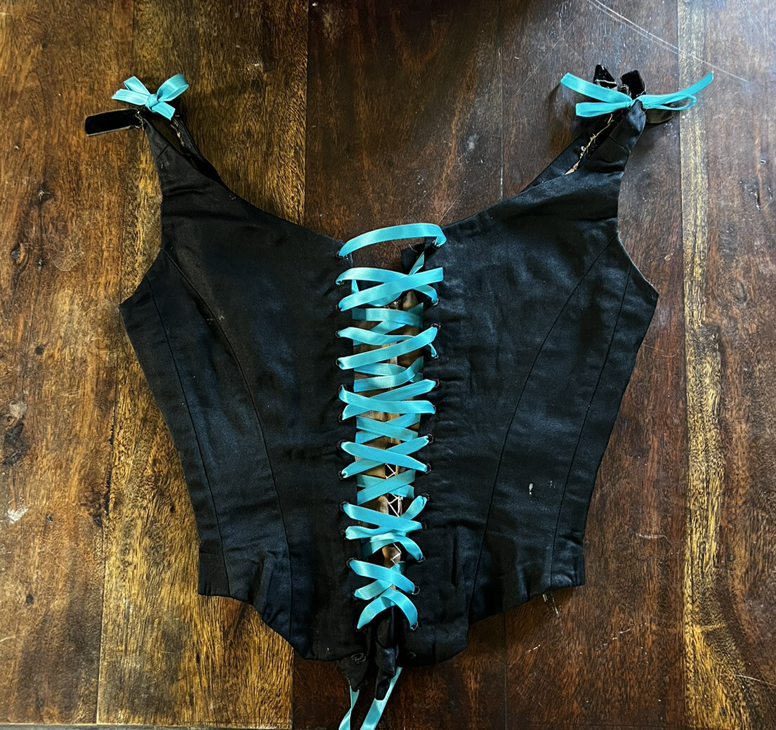 Antique 1930s Black Silk Corset Lace Up Boning Top VTG Bustier Steampunk Gothic
