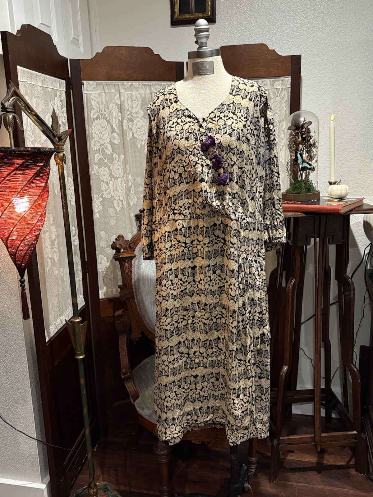 Antique 1920s 30s Flapper Style Dress Pattern Silk Purple Velvet Bows Drop Waist