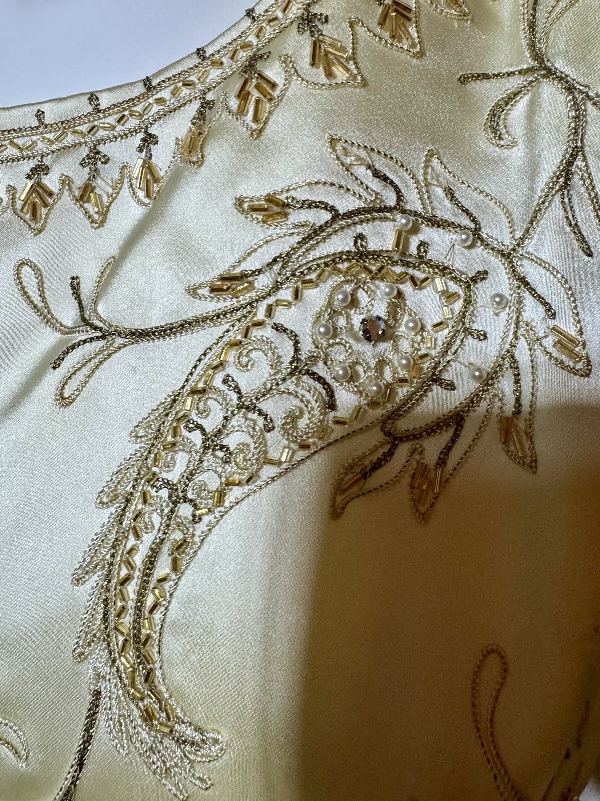 1950’s, 1960’s BEADED EVENING Dress Vintage, Champagne Satin, Gold Beading.!