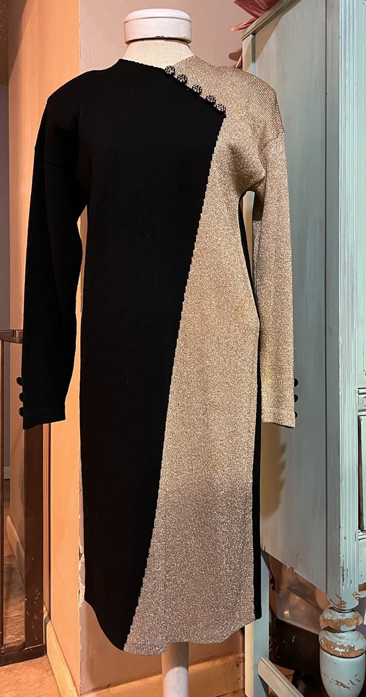 Vintage Peter Lynne New York Black Gold Knit Sweater Dress Size 12 Elegant Y2K
