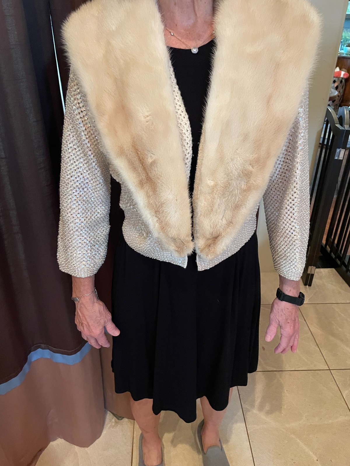 Vintage 1950s Hand Knitted Wool and Beaded Sequins Fur Collar Sweater/Jacket