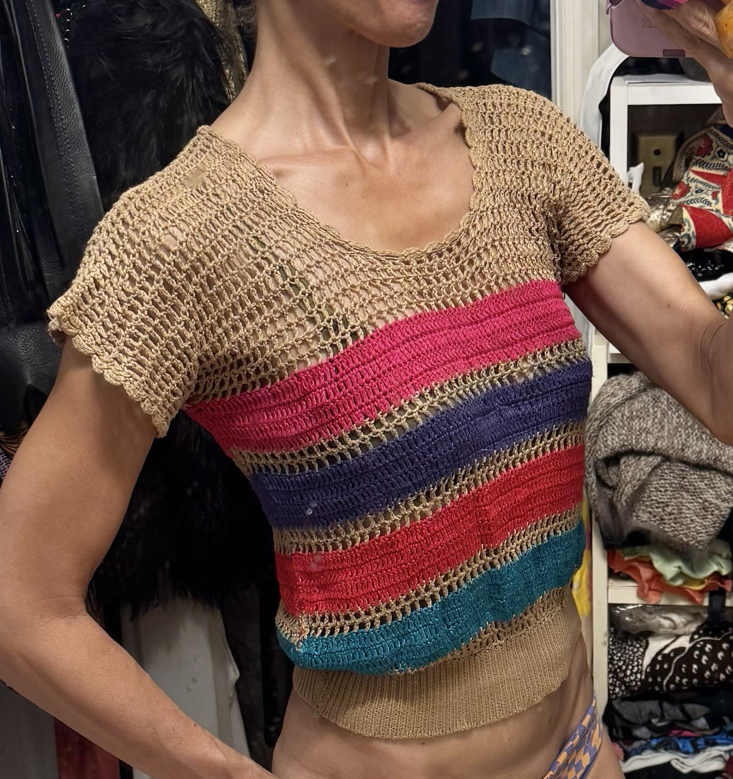 Vtg India Hand Woven Crochet Cap Sleeve Top Pullover XS S 70s 80s Dolman Crop