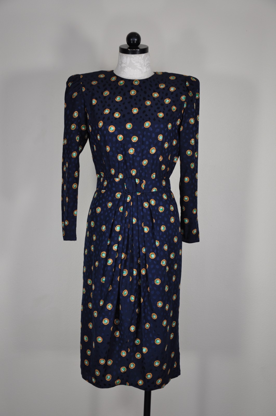 80s Vintage Navy Blue Silk Gemstone Print Puff Sleeve Back Buttons Dress Women S