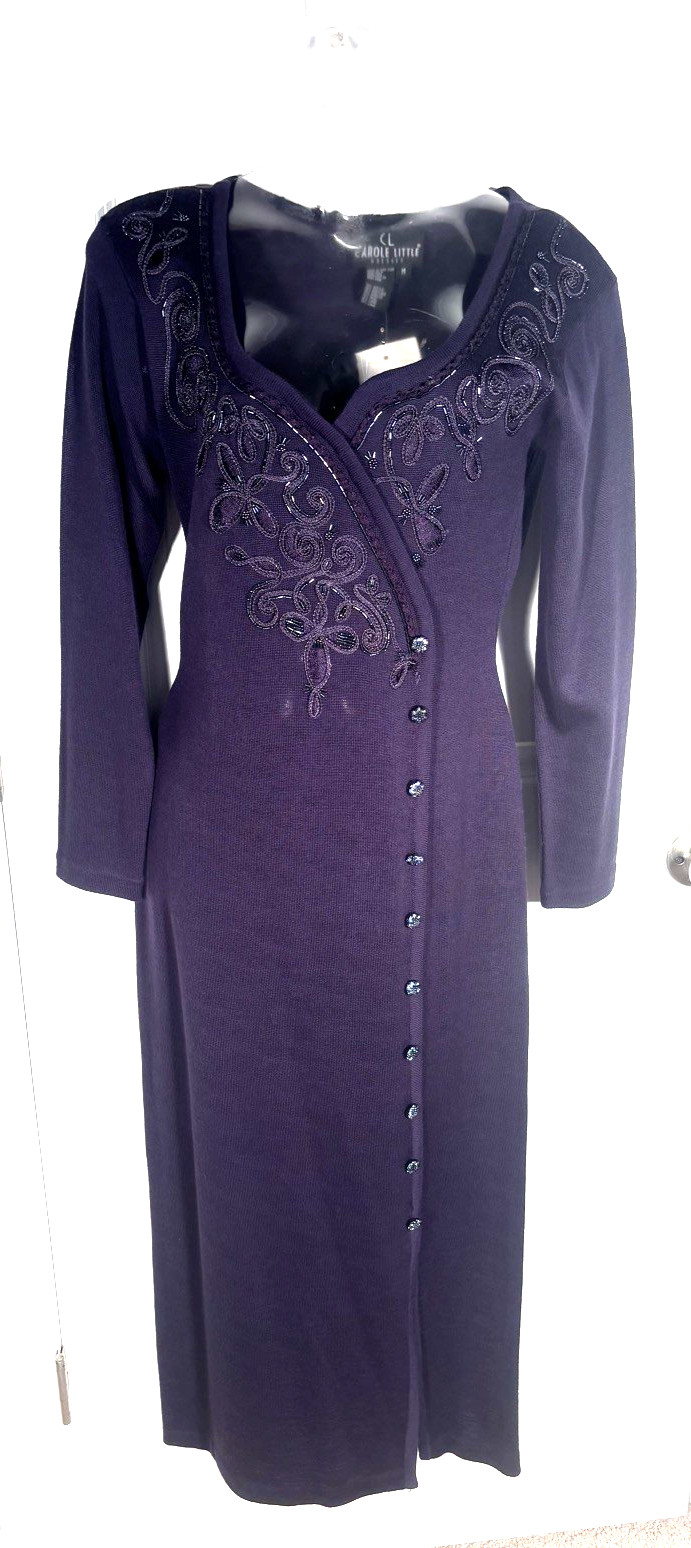 Vintage Carole Light Weight Long Sweater Dress NWT med Purple w/gorgeous beading