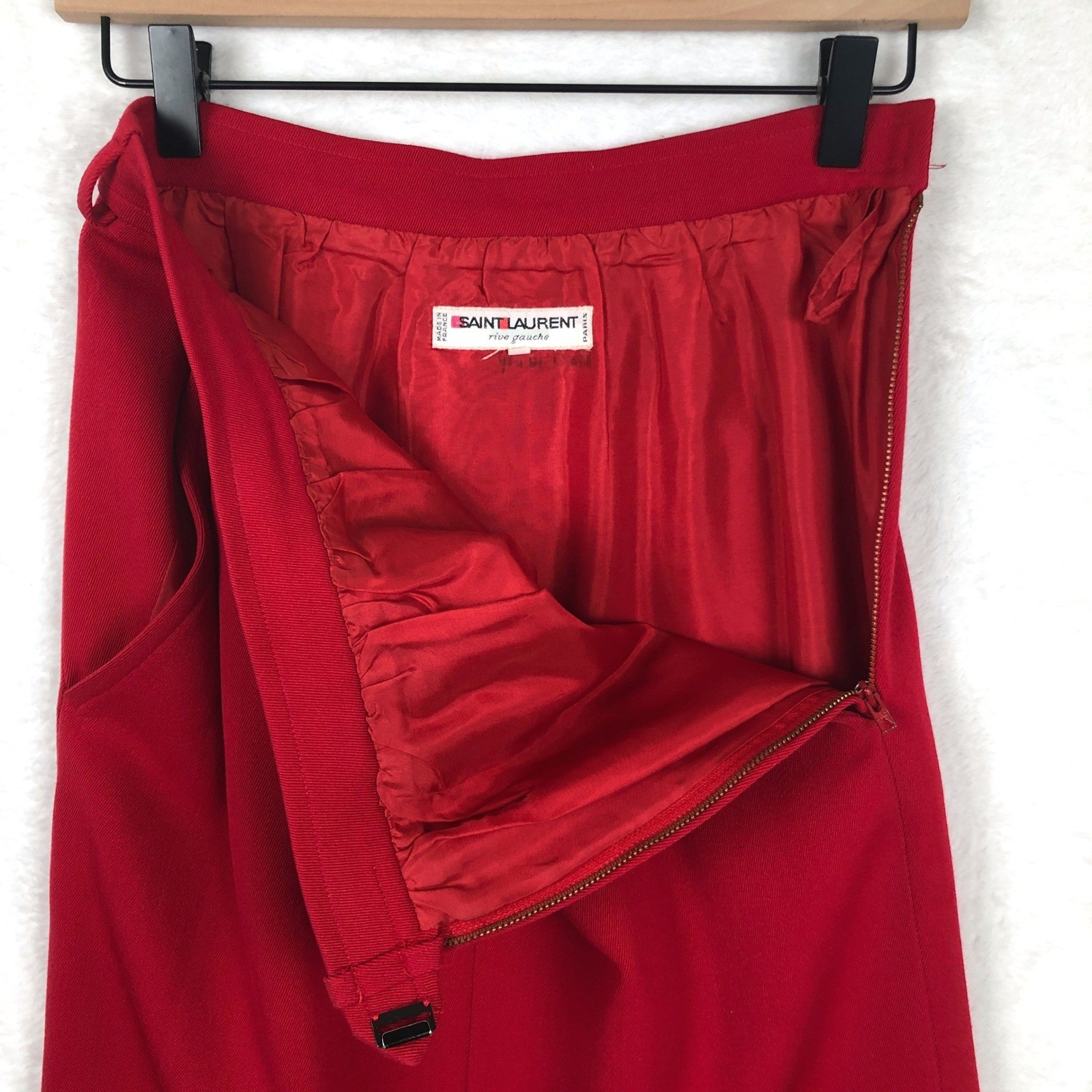 VTG Saint Laurent Rive Gauche Pencil Skirt Sz 38 Red Pockets Side Zip France