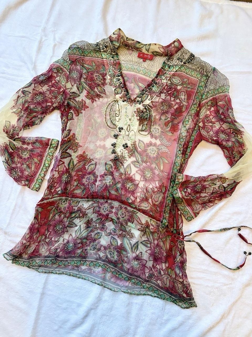 Y2K René Derhy Paris Beaded Sheer Mesh Floral Blouse Pink Fairycore Whimsigoth