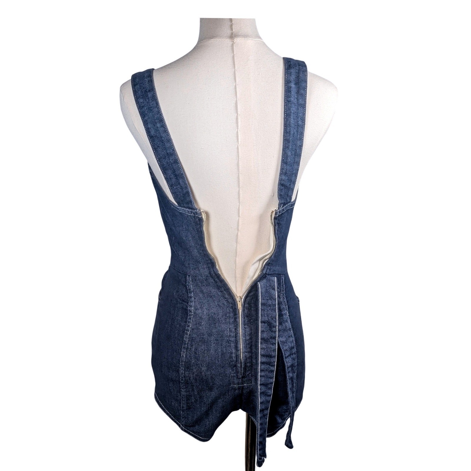 Vintage 50s Dark Wash Denim Pinup Romper Overall Bodysuit Playsuit Rockabilly XS