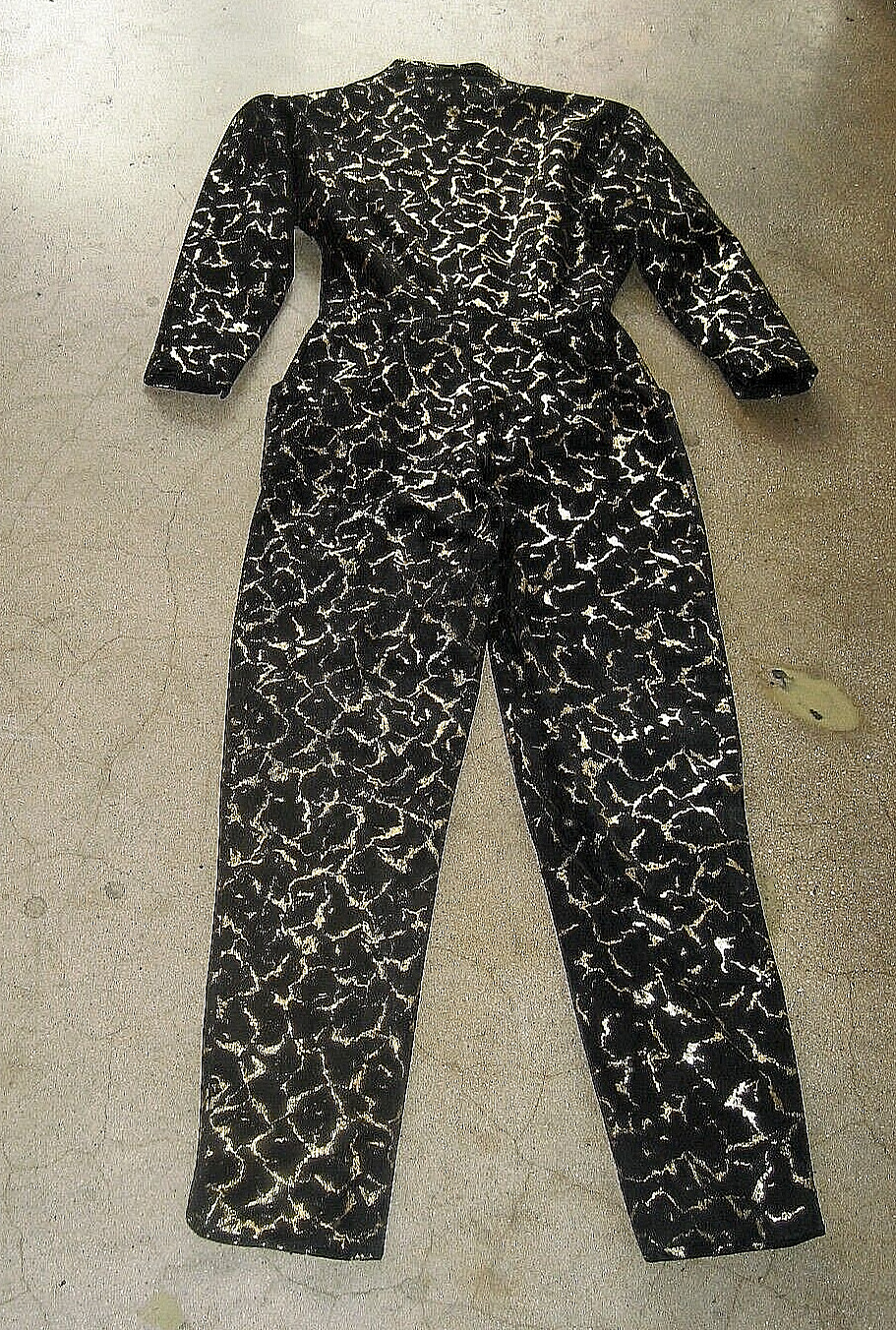 Vintage Vicky Tiel Black and Metallic Gold Suede Long Sleeve Jumpsuit France-XS