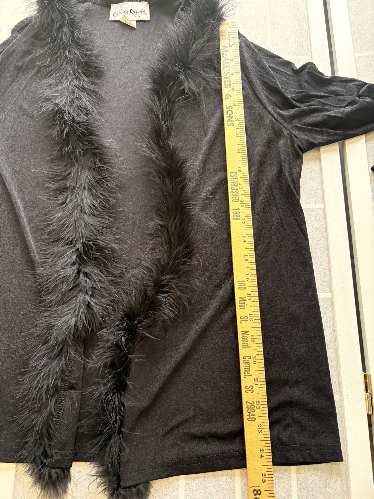 Vintage 90s Feather Trim Cardigan Jacket L Black Mob Wife Whimsigoth Goth Glam