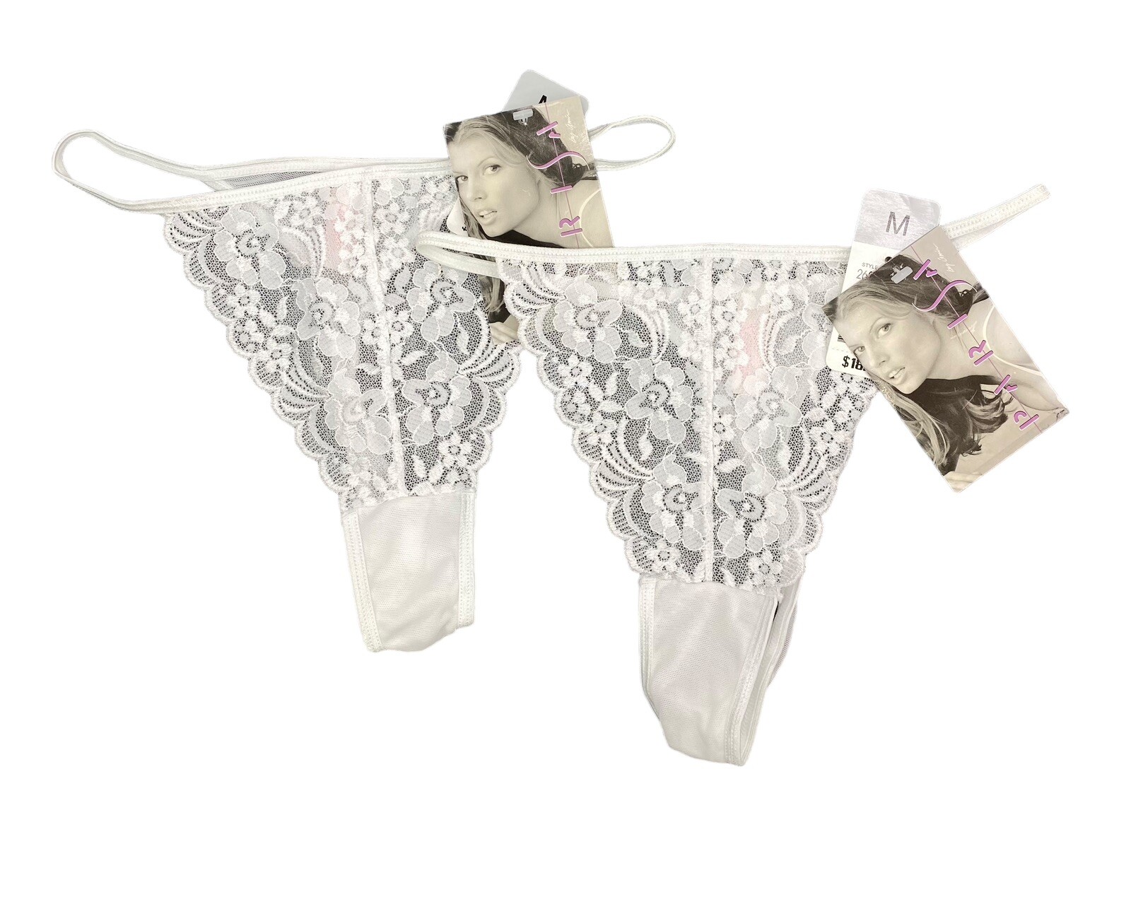 PARISA AMIR Sz M bridal White Pantries String Tong Nylon Lace Hi Cut Lot Of 2