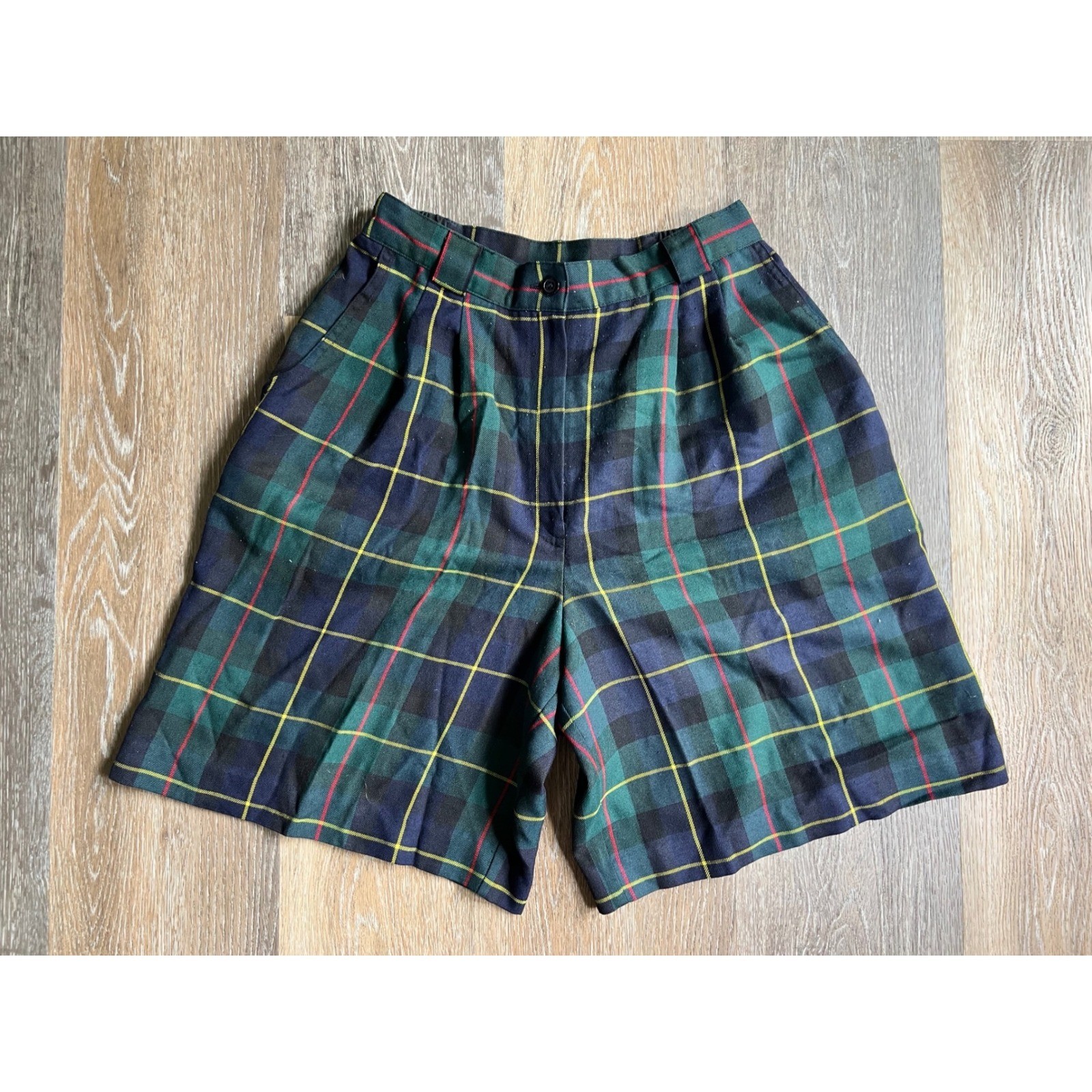 Counterparts Plaid Shorts Womens 8 Green Navy Blue High Waisted Pleated Vintage