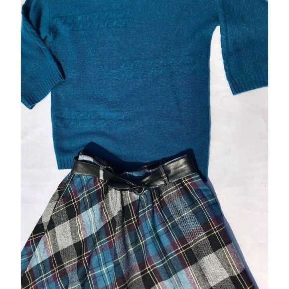 Vtg Plaid Wool Skirt Angora Sweater Leather Belt HTF SET 70s 80s XS S Preppy MOD