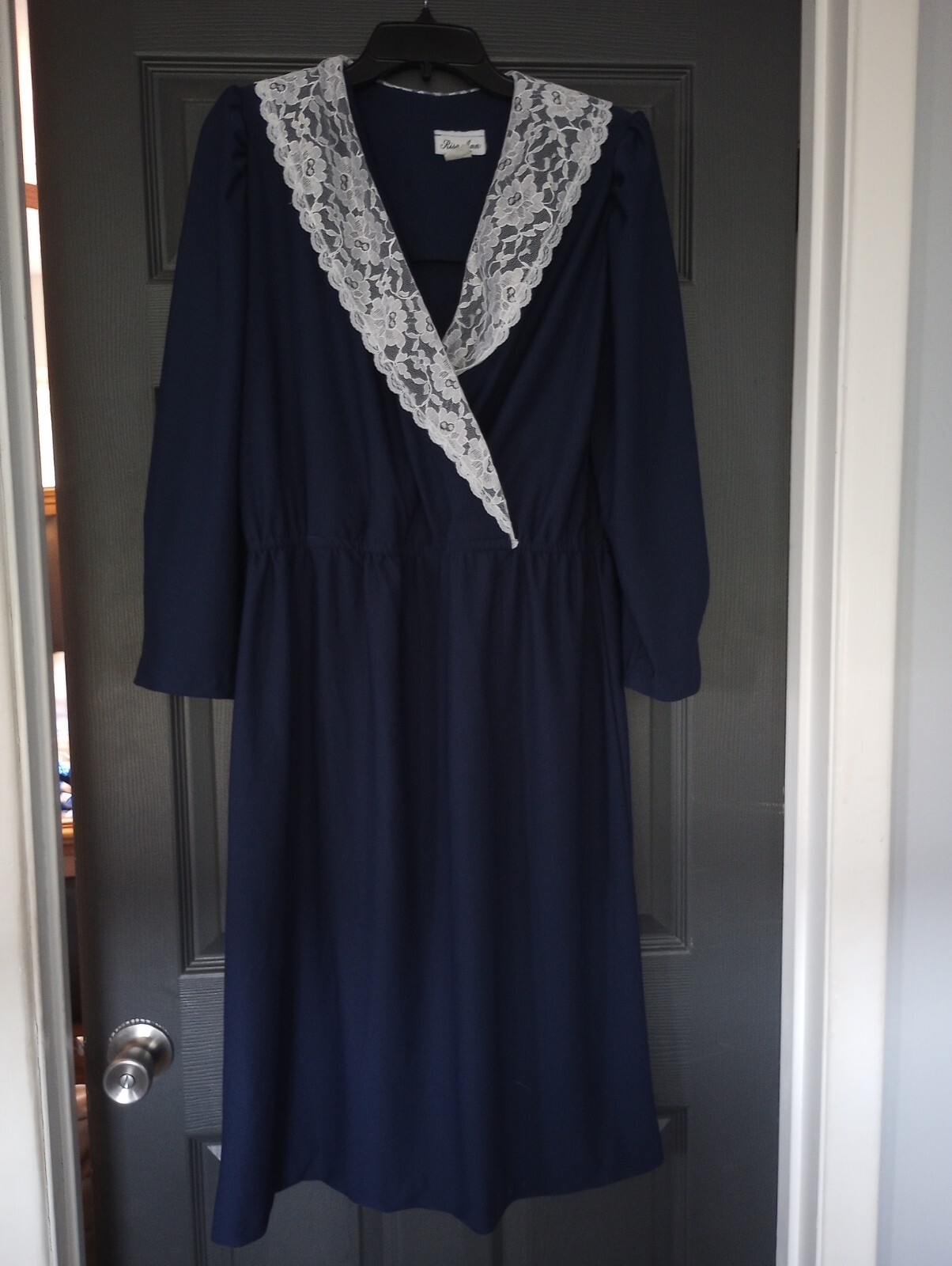Retro 80s Navy Maxi Lace collar Prairie granny Chic Vintage Secretary dress VTG