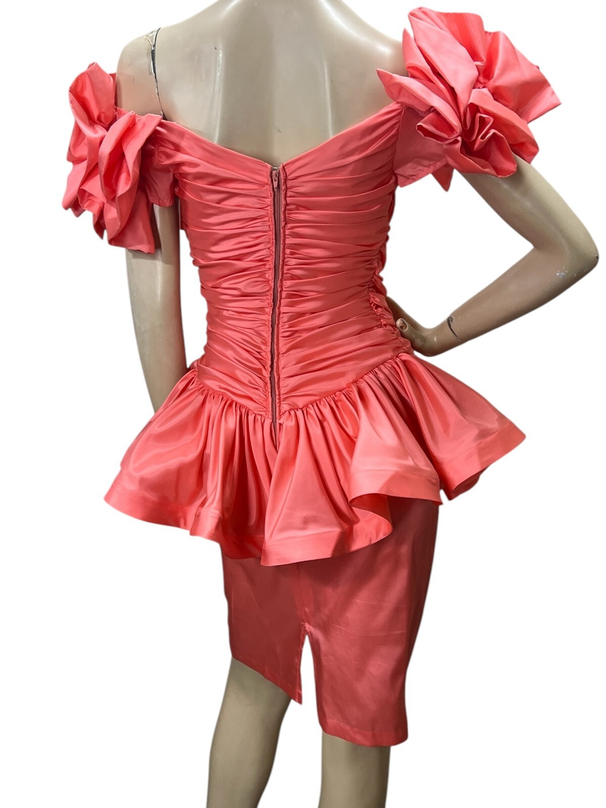 Vtg 80s Sz 4 Coral Party/Prom Mini Dress Karen Lucas Niki USA Big Bow Peplum