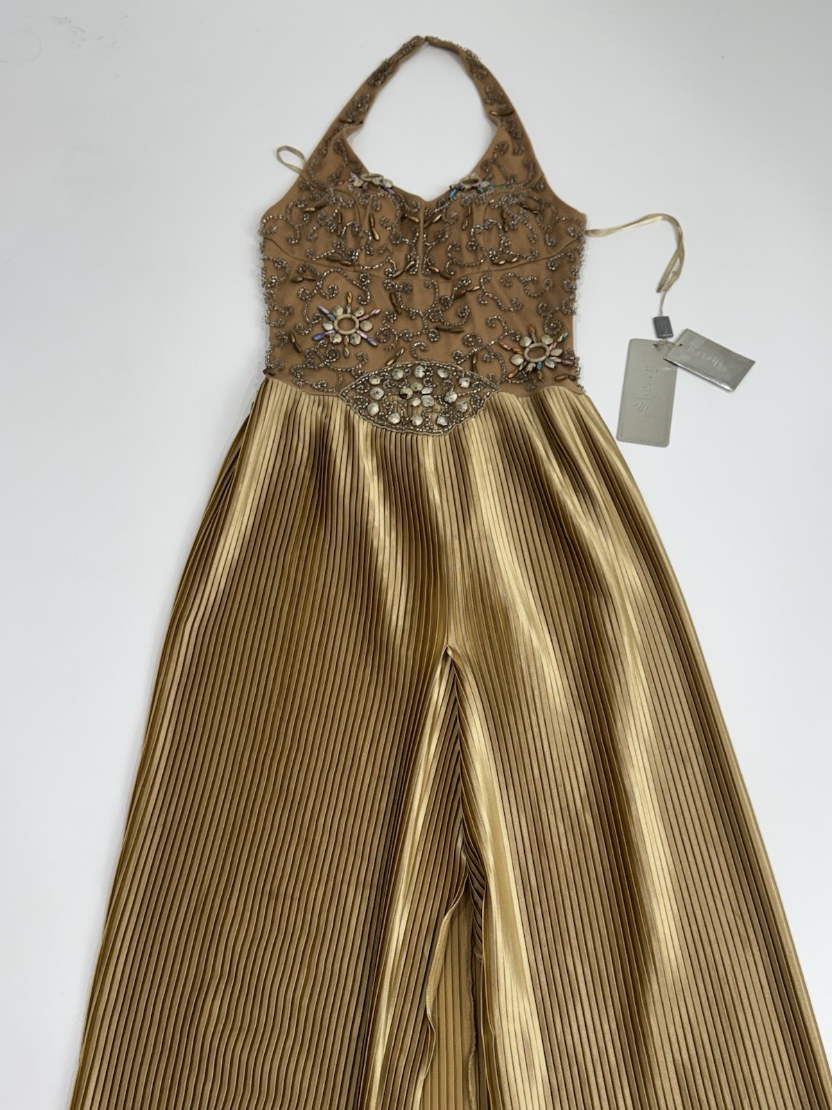 VTG Y2K Sherry Haute Couture Gold Beaded Pleated Gown Front Slit Designer