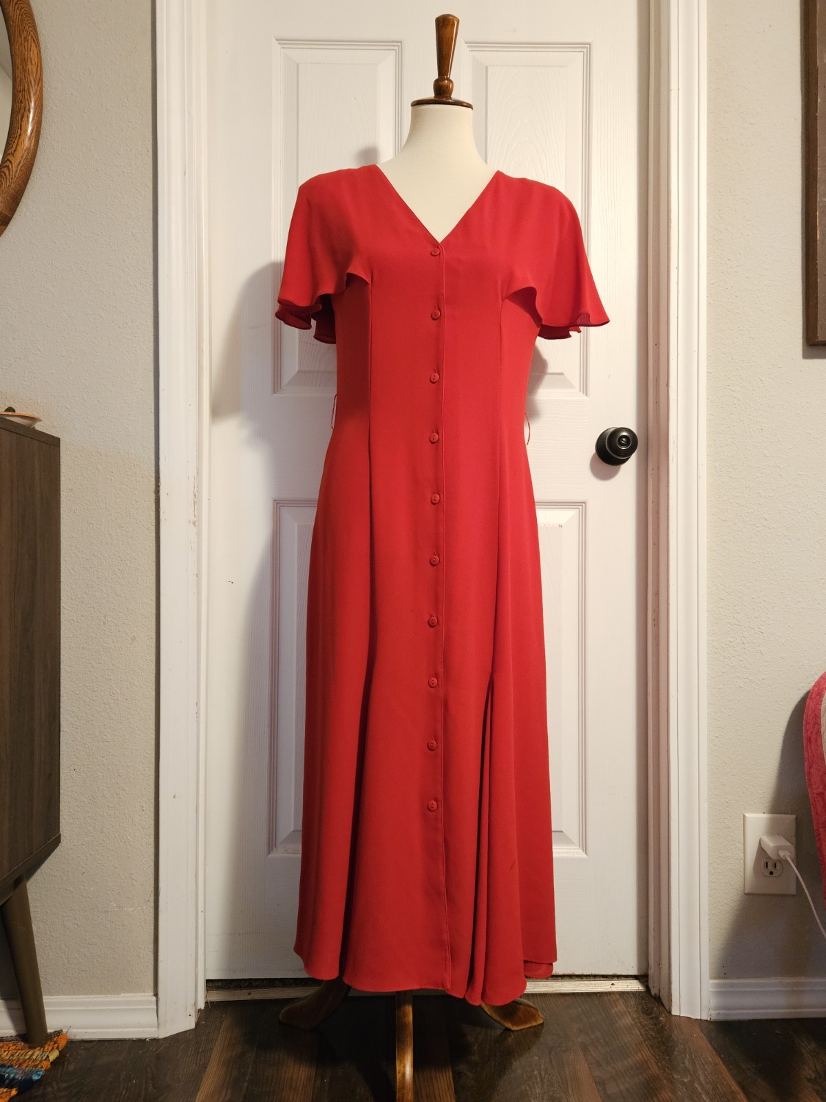 Vintage 80s Red Pierre Cardin Flutter Sleeve Button Front Midi Dress Size 6