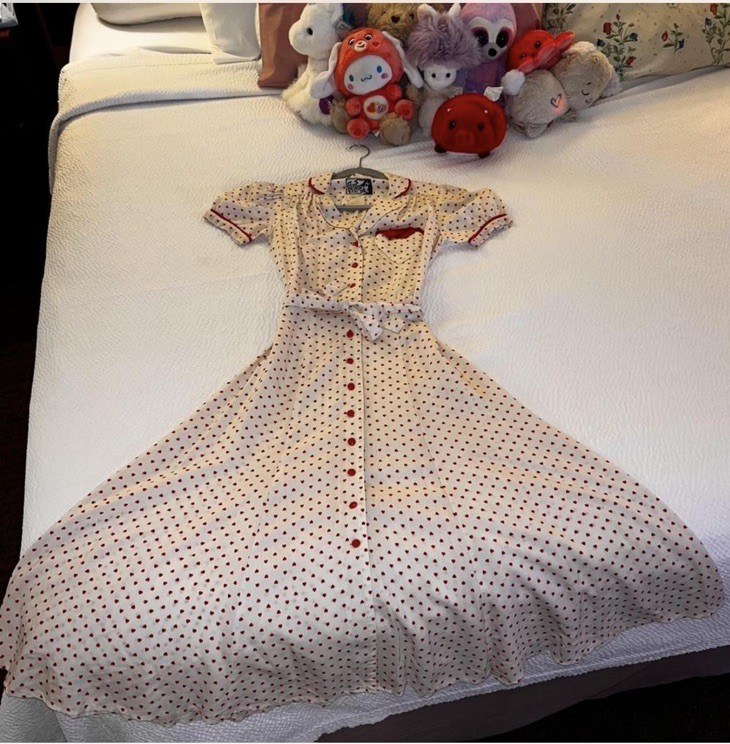 Foxy Lady SF Vintage 50s-Inspired Heart Polkadot Dress W/ Sash 70s Era Sz 3/4