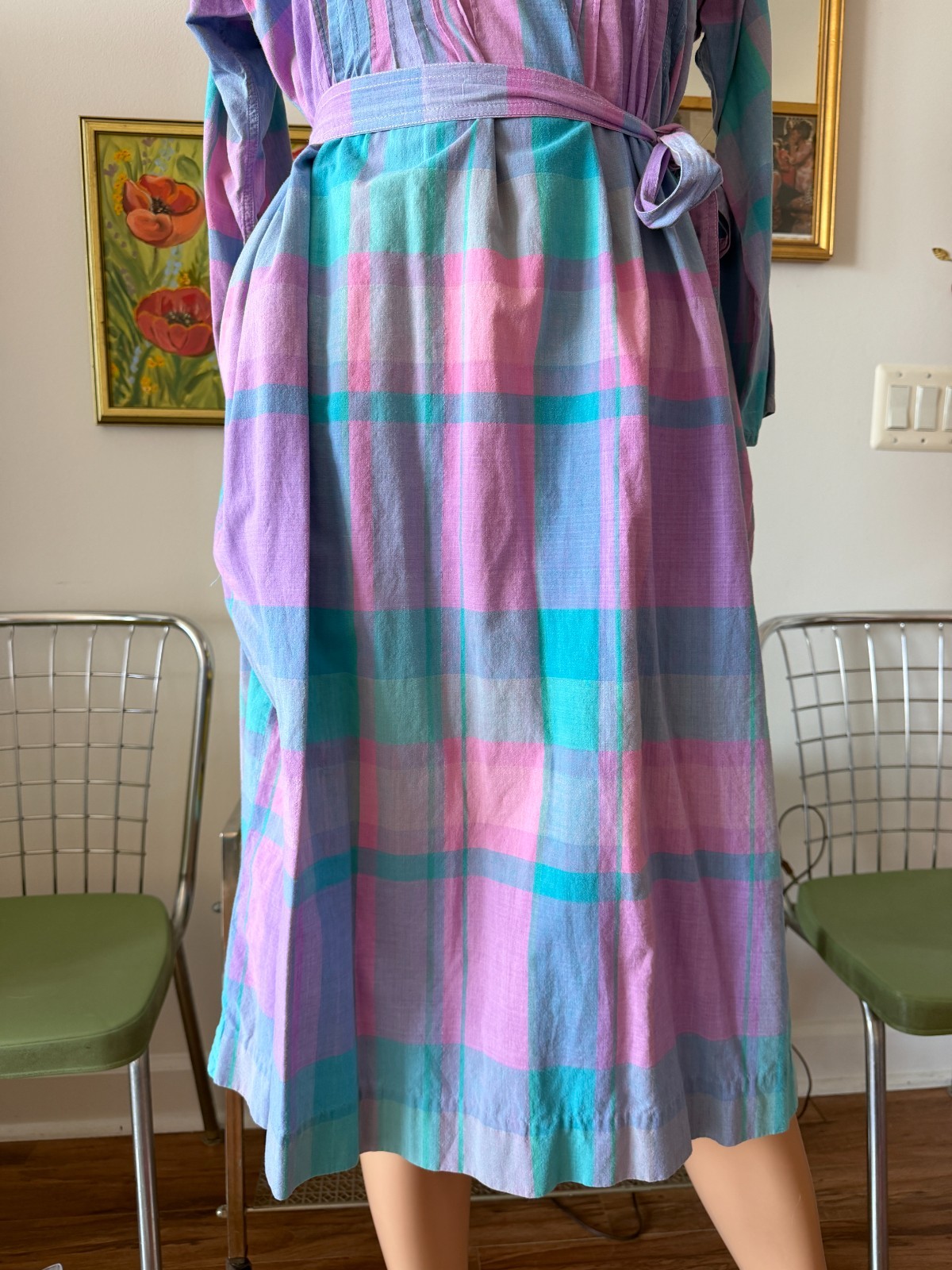 🌈 Vtg 70s Pastel Madras Plaid Belted Shirtwaist Midi Dress M L