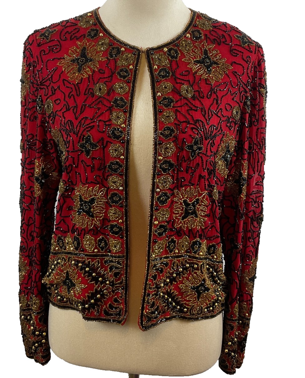Adrianna Pappell Evening Vintage Beaded Jacket S Red Black Gold Single Hook