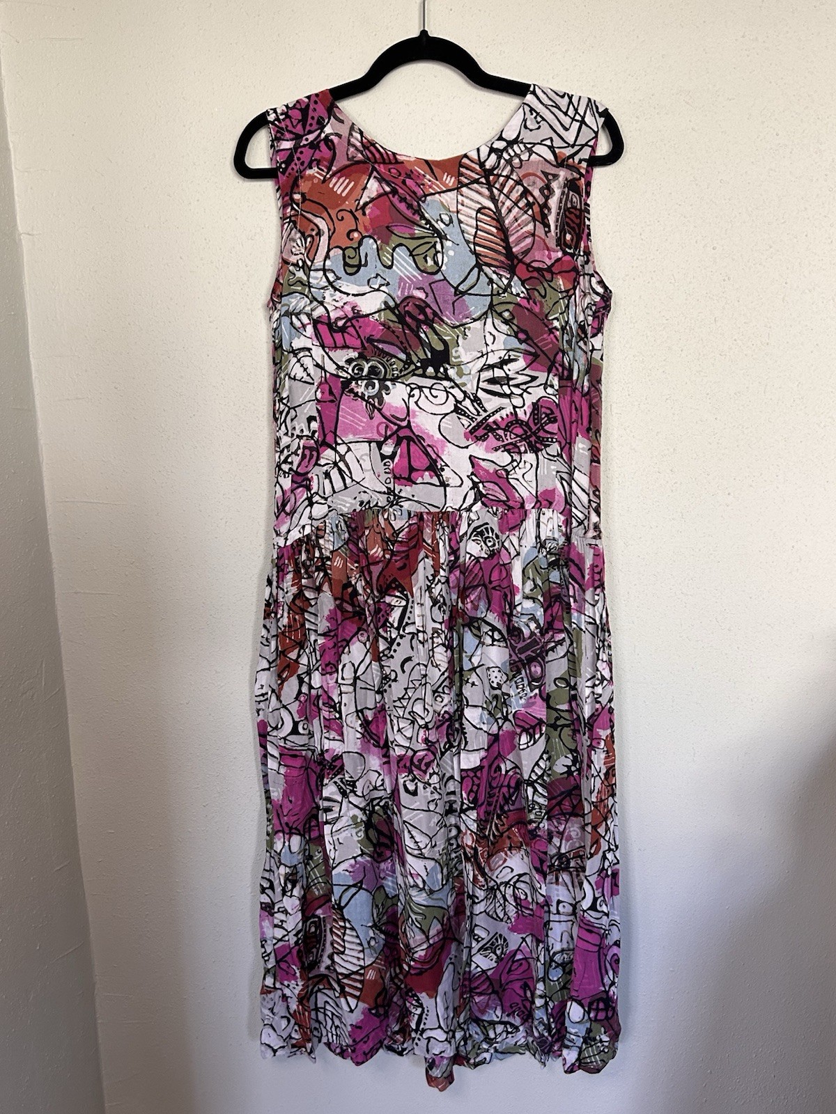 Vintage Bali Batik Dress Colorful Drop Waist Midi Pink White Black Pattern Leaf