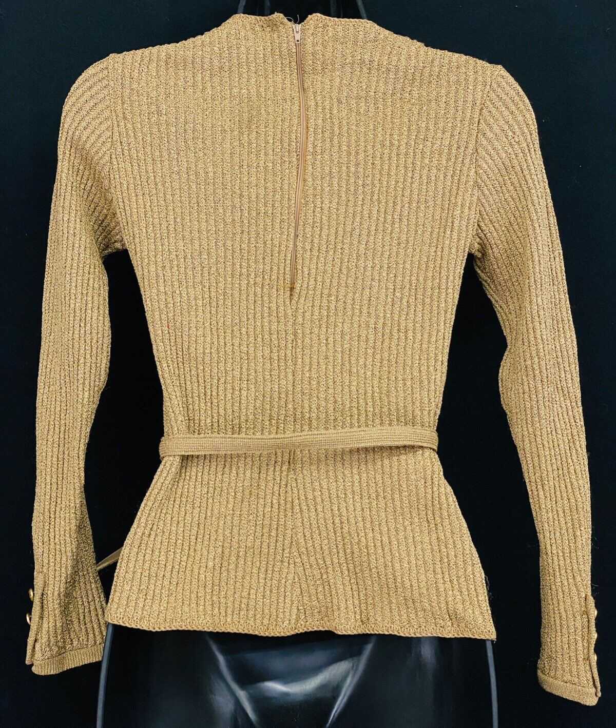 Vintage 1970s tan ribbed sweater knit belted fitted top shirt long sleeves S M