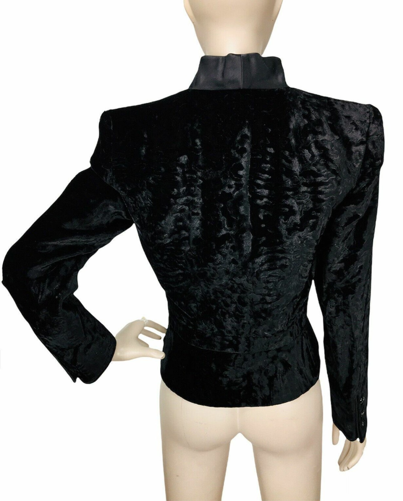 Vintage Black Crushed Velvet Animal Print Satin Trim High Shoulder Peplum Jacket