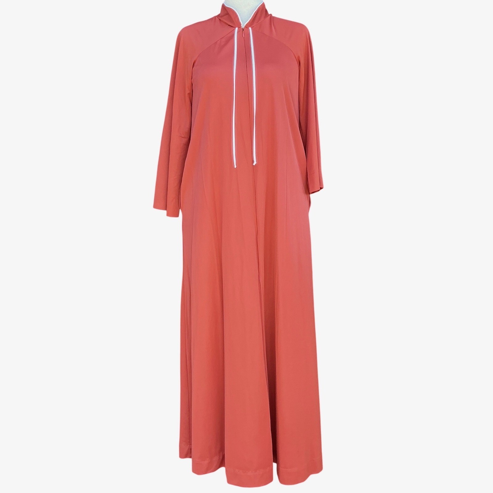 Vassarette Loungewear Dress Womens M Coral Zip Front Maxi Vintage 70s Kaftan Mod