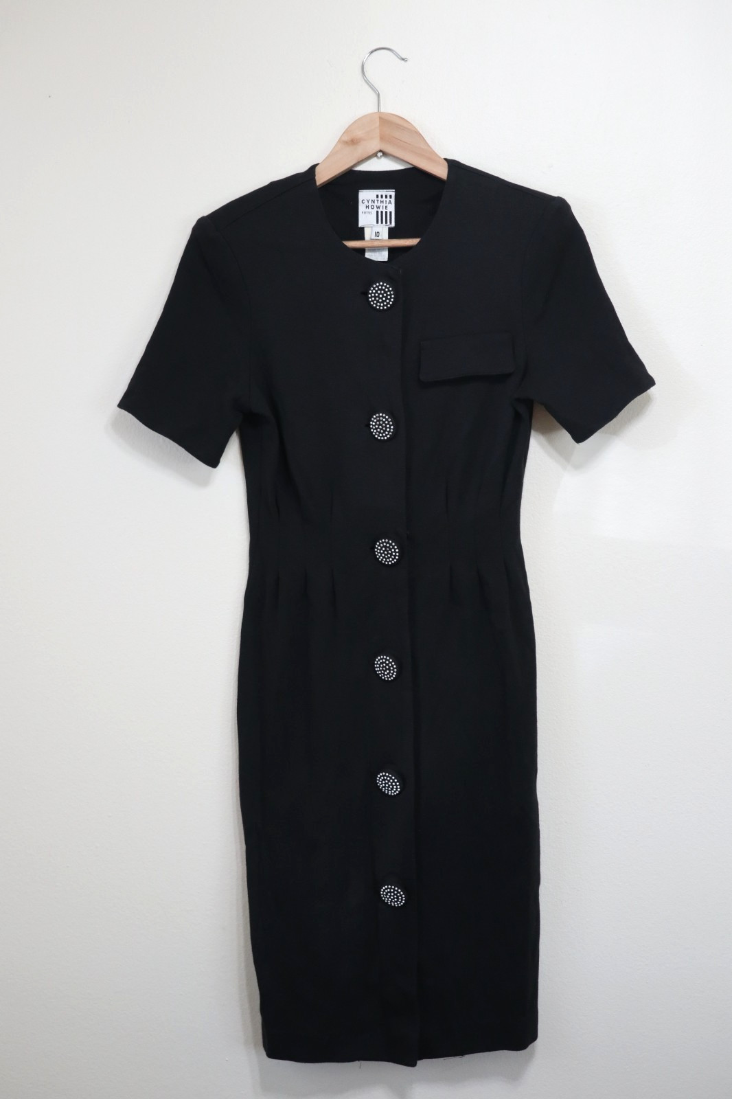 90s Vintage Cynthia Howie Black Knit Jersey Big Buttons Sheath Dress Women XS S