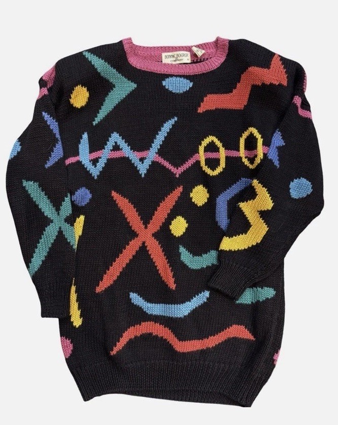 Vintage 80s Bonnie Boerer Oversized Abstract Graphic Sweater Geometric Size M