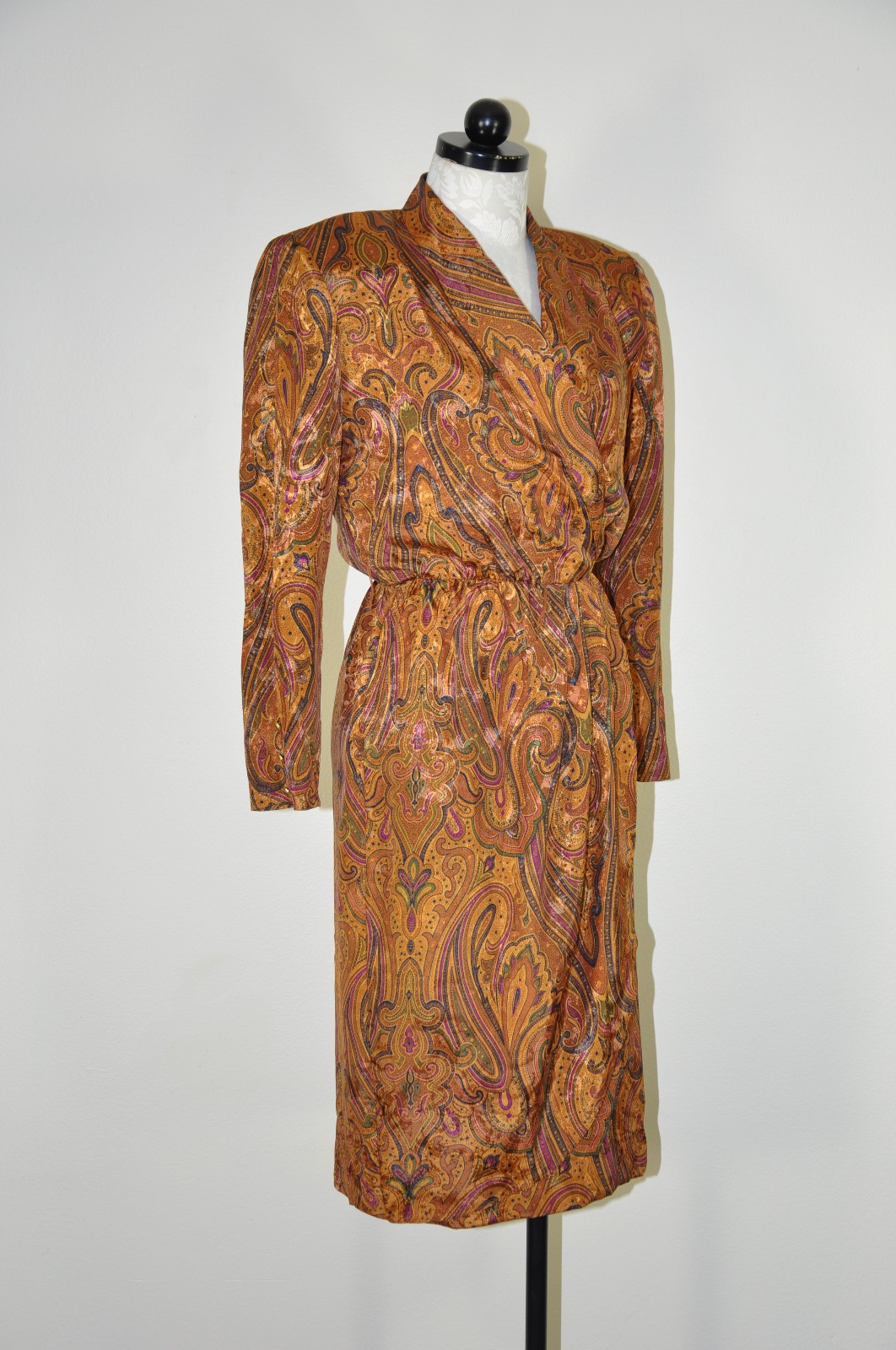 80s Vintage Spice Brown Silky Charmeuse Paisley Strong Shoulder Dress Women S M