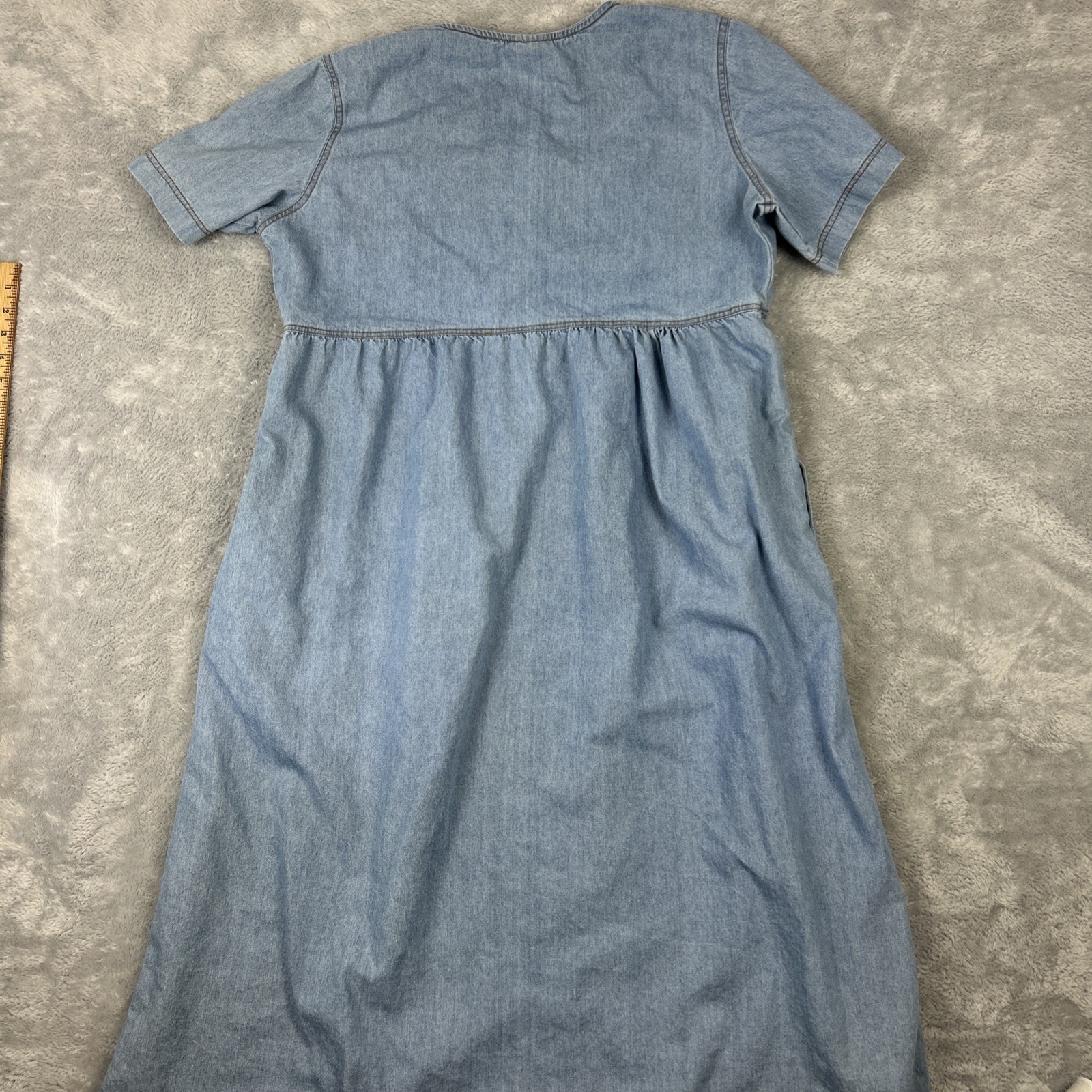 Vtg Stuart Alan Chambray Dress 14P Full Button Short Sleeve Pockets Prairie Boho