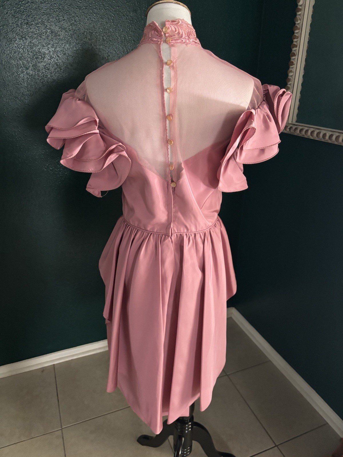 1980 Vintage Rose Lace High Neck Ruffle Sleeve Dress Knee Length L/XL